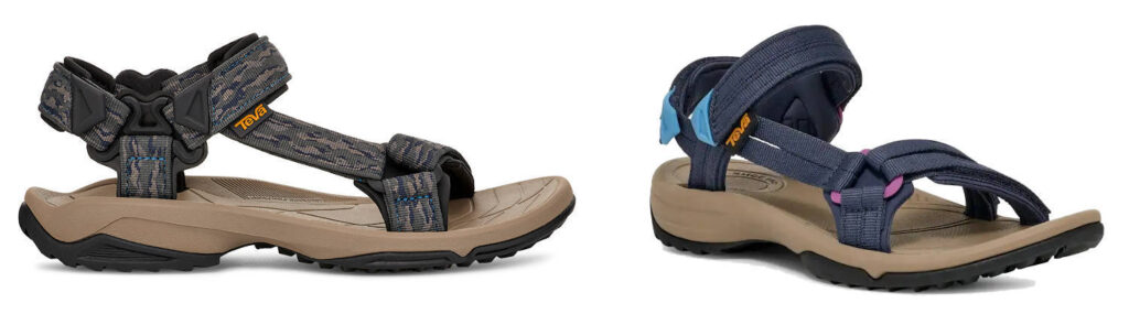 Zwei Sandalen von Teva, die Terra Fi lite für Damen und Herren.