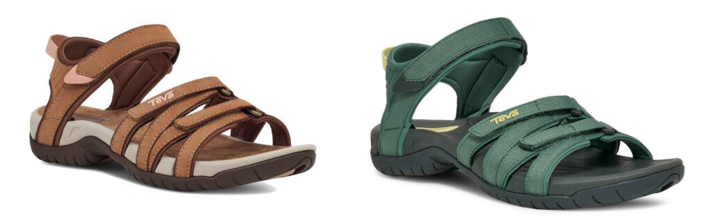 Zwei Sandalen für Damen der Firma TEVA, links das Modell Tirra Leather in braun, rechts das Modell Tirra der Farbe Türkis.